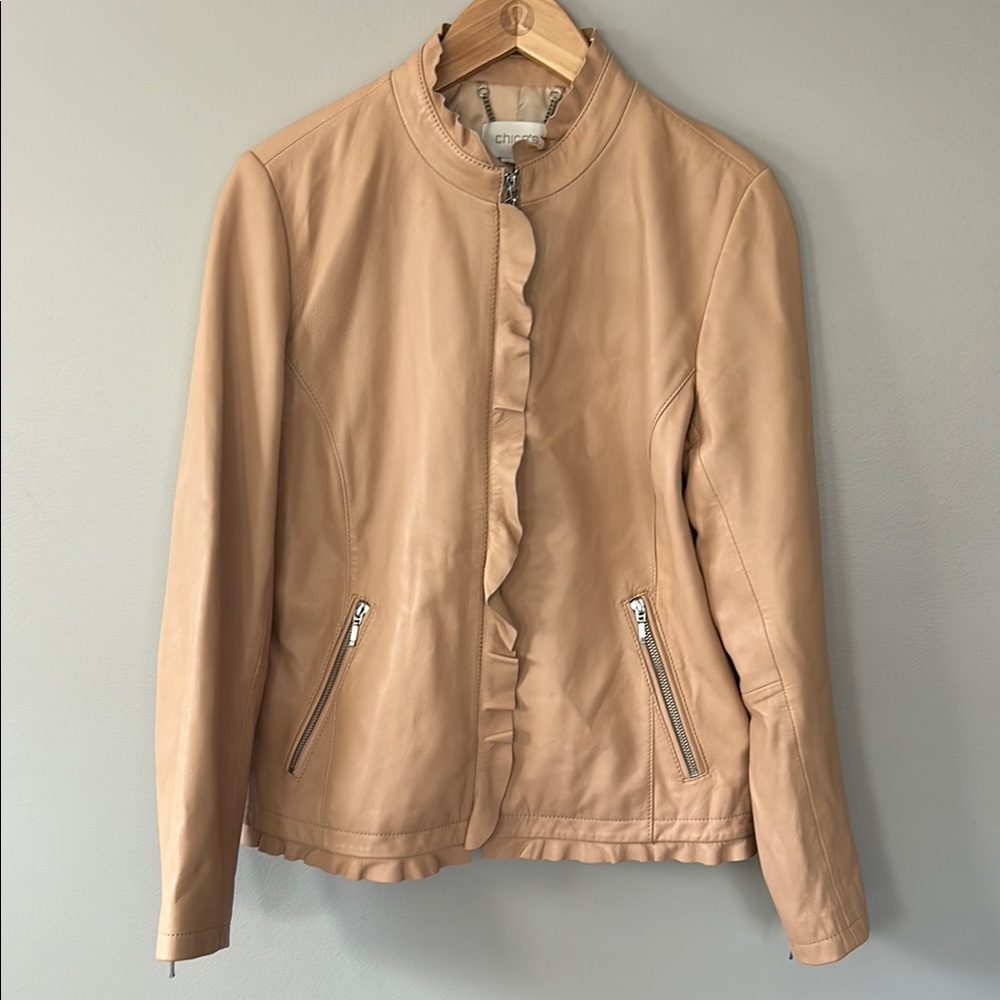 Chico's Ruffle Trim Leather Jacket Tan Neutral fits Size Small/Medium